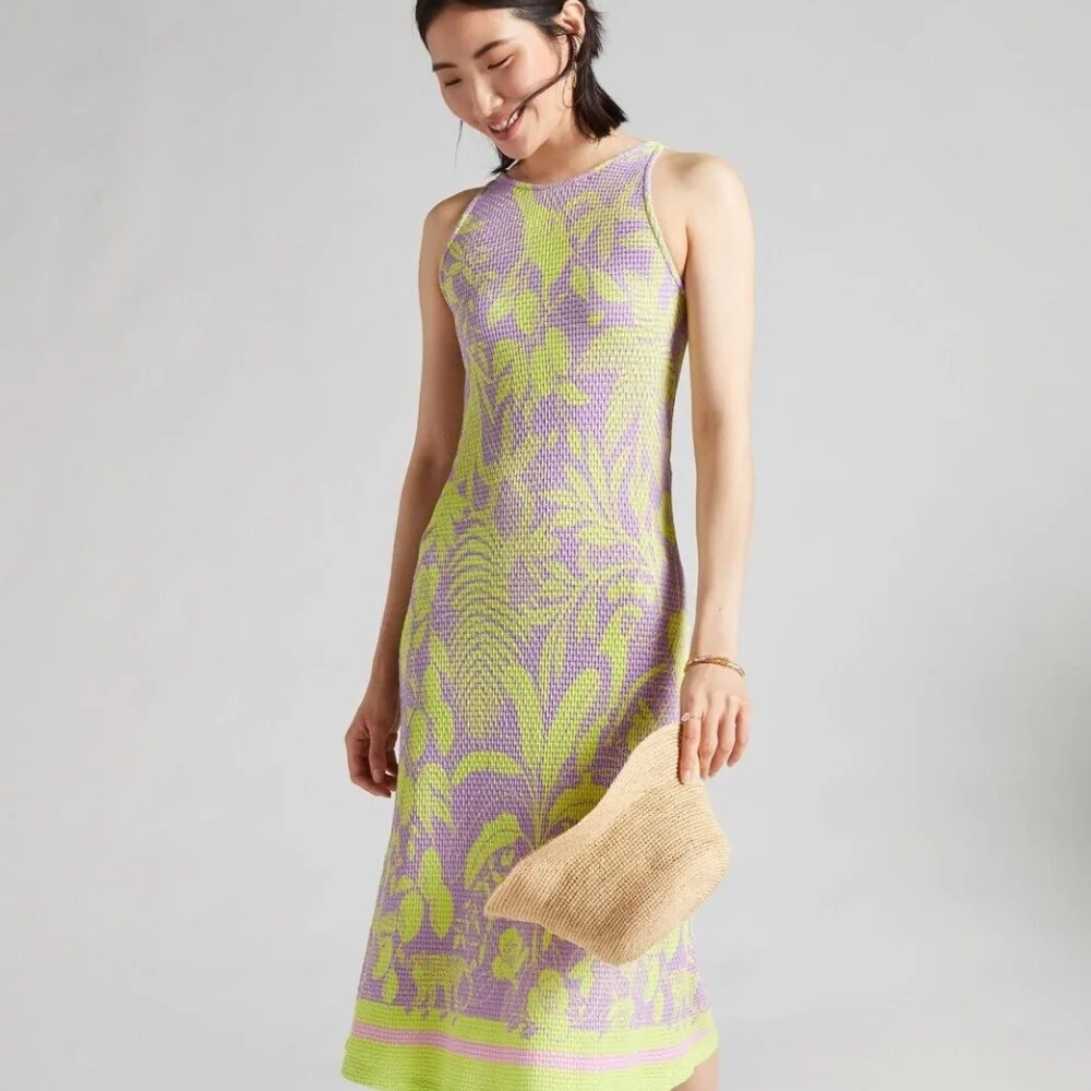 Farm Rio Knit Midi Dress Anthropologie Women Fitted Lime Green Yellow - size XL - Picture 5 of 7